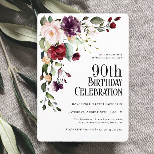 Convites Boho Red Blush e Purple Floral 90 Aniversário