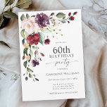 Convites Boho Red e Purple Floral 60th Festa de aniversário<br><div class="desc">Comemore um aniversário de 60 anos em estilo boho bonito com este atraente convite de aniversário floral de aquarela. Ele tem um adorável buquê floral na combinação de cor na moda de vermelho borrado, rosa pincelado, roxo de ameixa, e pêssego com verde folha espalhado por todo o lado. Faz uma...</div>
