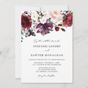 Convites Boho Red e Purple Watercolor Flowers Casamento