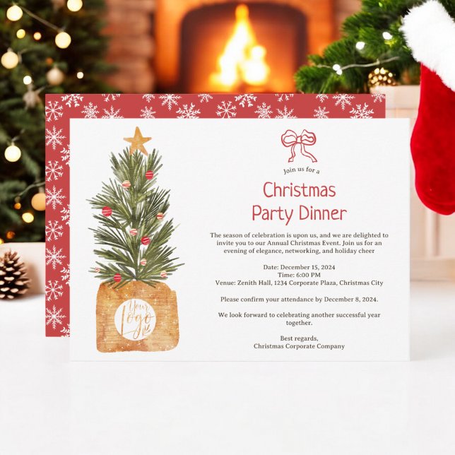 Convites Boho Red e White Corporate Christmas Tree Party (Boho Red and White Corporate Christmas Tree Party Invitation)