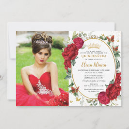 Convites Boho Red Peonies Borboletas Florais Quinceañera