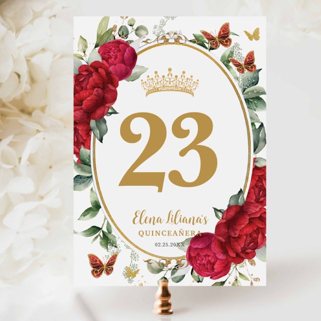 Convites Boho Red Peonies Floral Quinceanera Table Number (Criador carregado)