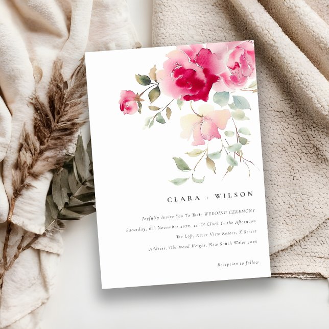 Convites Boho Red Pink Rose Flowers Watercolor Casamento (Criador carregado)