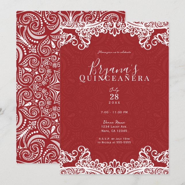 Convites Boho Red White Lace Bold 15 15 Partido Quinceañera (Frente/Verso)