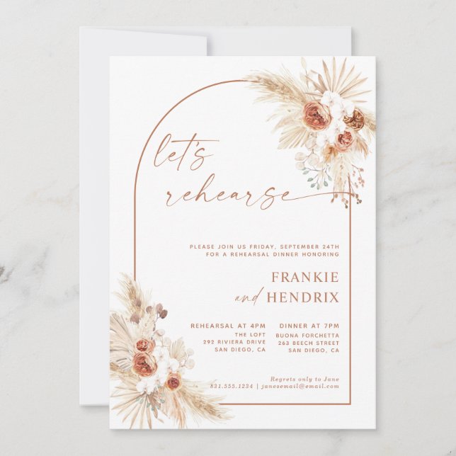 Convites Boho Rehearsal Dinner Invitation Pampas Grass (Frente)