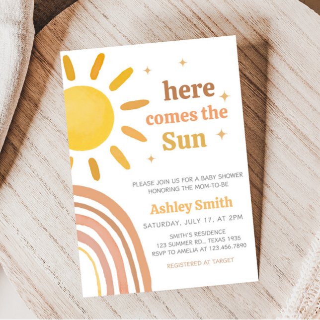 Convites Boho Retro Sunshine Chá de fraldas (Here Comes The Sun Baby Shower Invitation)