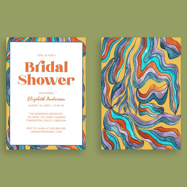 Convites Boho Retro Yellow Typografia Wavy Chá de panela (Front and Back)