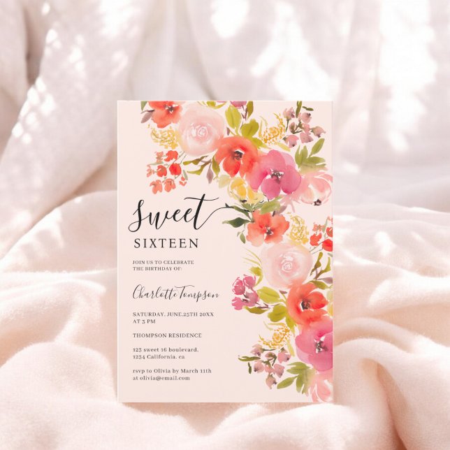 Convites Boho romântico bonito guião floral rosa 16 (Boho romantic pretty floral script pink sweet 16 invitation)