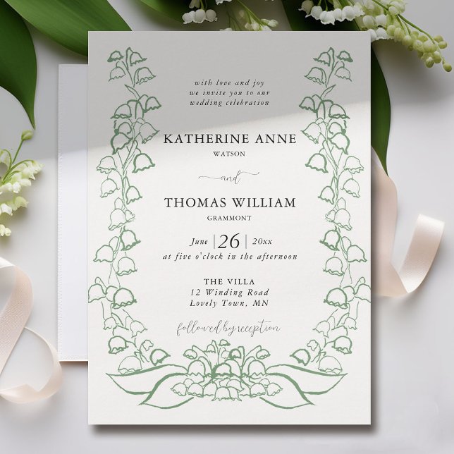 Convites Boho Romântico Sketch Green Lily Valley Casado (lily of the valley wedding invitation formal non traditional elegant green floral sketch fine art)