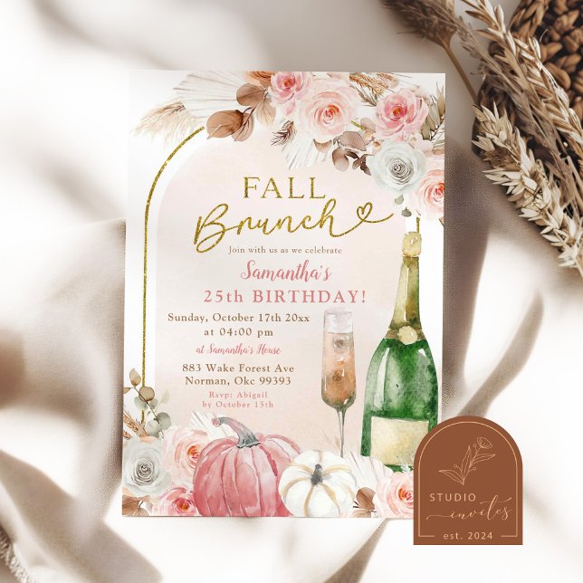 Convites Boho Rosa Abóbora Outono Brunch Aniversário Vinho (Criador carregado)