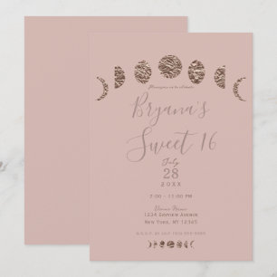 Convites Boho Rosa Brilho Fases da Lua Moderno Doce Festa d