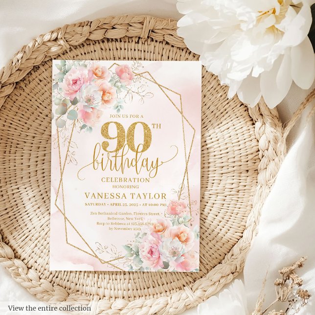 Convites Boho Rosa claro Floral Dourada Invites de Aniversá (Boho Light Pink Gold Floral 90th Birthday Invitation)
