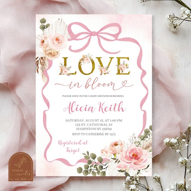Convites Boho Rosa Coquette Grama Pampas Chuvinha de Amor B (Criador carregado)