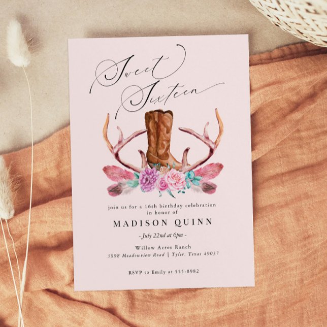 Convites Boho Rosa, Cowgirl Doce Dezesseis Aniversário (Criador carregado)