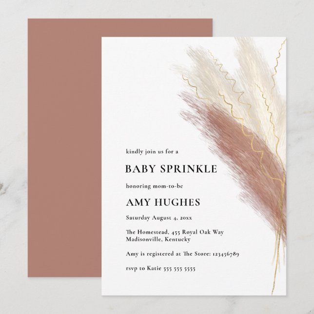 Convites Boho Rosa Dourado Pampas Grass Garota Sprinkle (Frente/Verso)