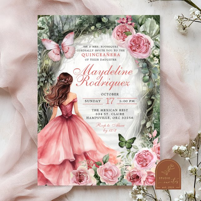 Convites Boho Rosa Fantasia Floresta Quinceanera (Criador carregado)