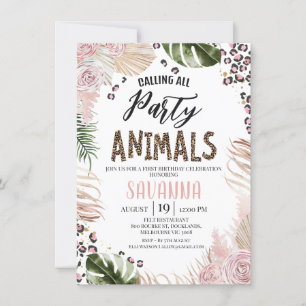 Convites Boho Rosa Floral Estampa de Guepardo Safari 1º Ani