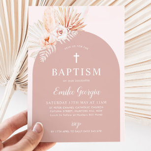 Convites Boho Rosa Floral Meninas Batismo e Batizado