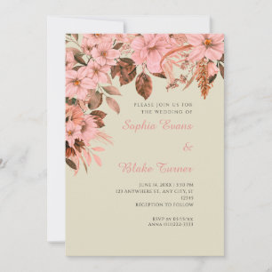 Convites Boho Rosa Floral Outono Bambu Casamento