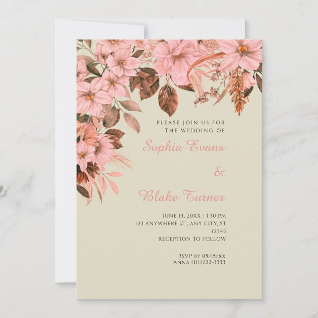 Convites Boho Rosa Floral Outono Bambu Casamento (Frente)