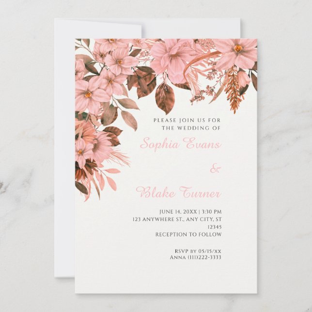 Convites Boho Rosa Floral Outono Branco Casamento (Frente)