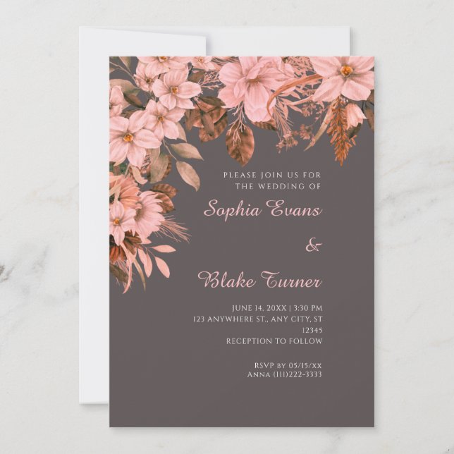 Convites Boho Rosa Floral Outono Cinza Cinza Casamento (Frente)