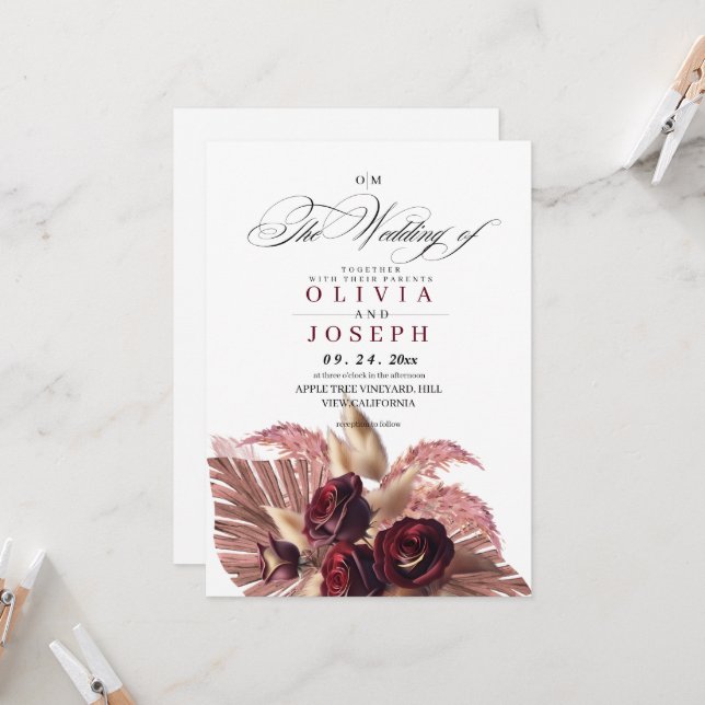 Convites Boho Rosa Floral Rustic Wedding (Frente/Verso In Situ)