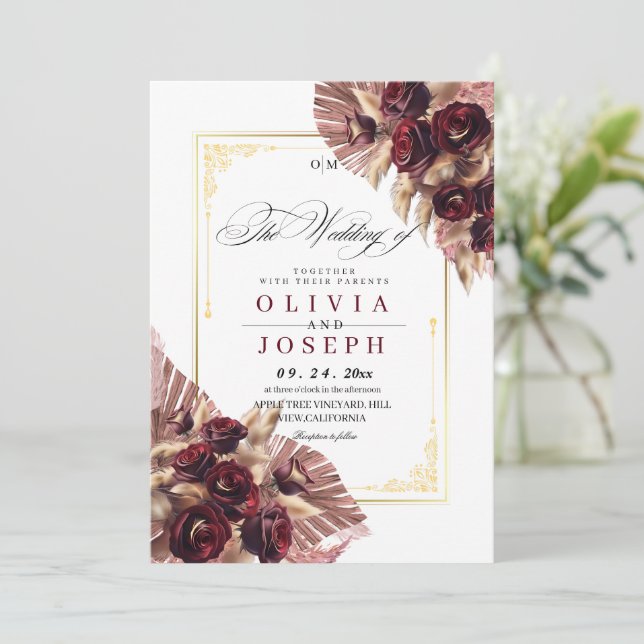 Convites Boho Rosa Floral Rustic Wedding (Em pé/Frente)