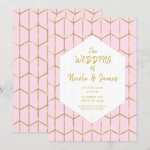 Convites Boho Rosa Hexágono Dourado Geométrico Glam Casamen