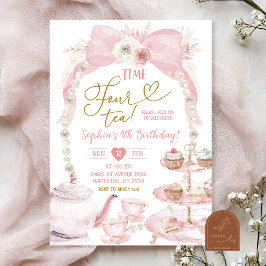 Convites Boho Rosa Laço Tempo Quatro Chá Aniversário