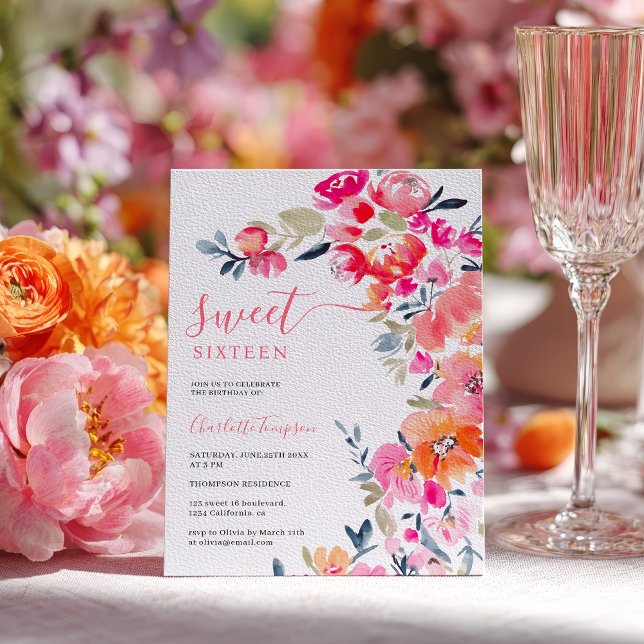 Convites Boho Rosa Laranja Aquarela Floral Doce 16 (Boho Pink Orange Watercolor Floral Sweet 16 Invitation)