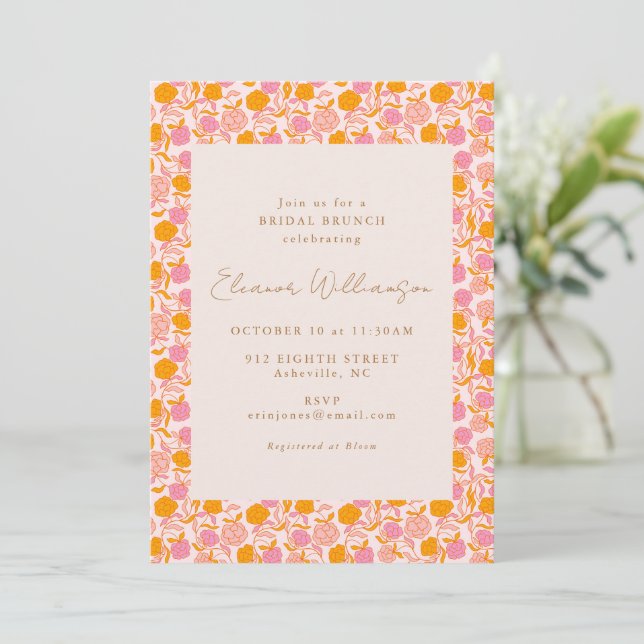 Convites Boho Rosa Laranja Floral Café da Manhã Chá de Noiv (Em pé/Frente)