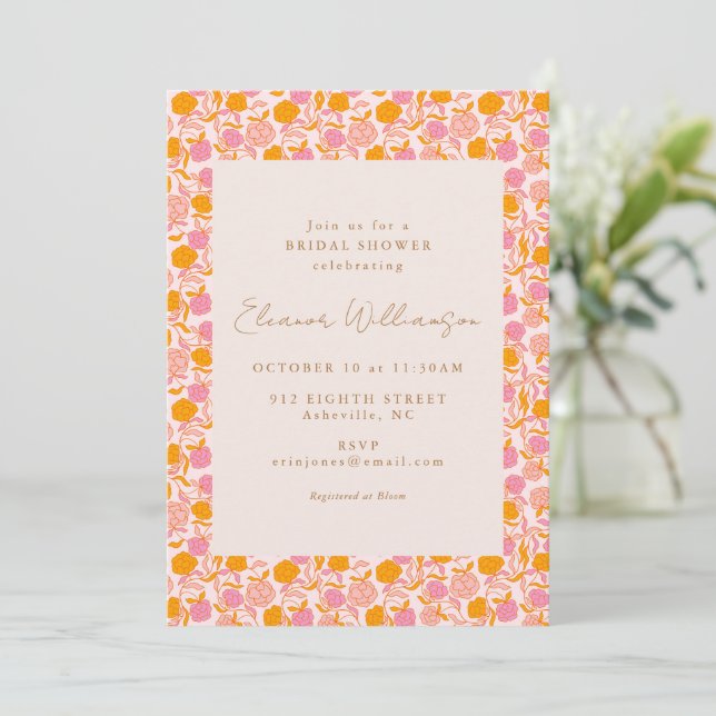 Convites Boho Rosa Laranja Floral Nomes das Anfitriãs Chá d (Em pé/Frente)