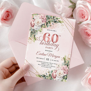 Convites Boho Rosa Poeira Dourado Rosa Água 60º Aniversário