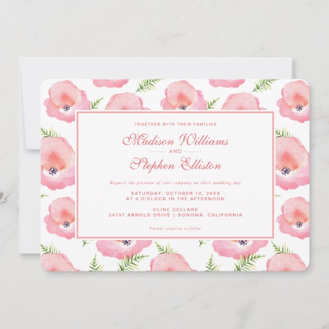 Convites Boho Rosa Rosa Rosa Floral Watercolor - Casamento (Frente)