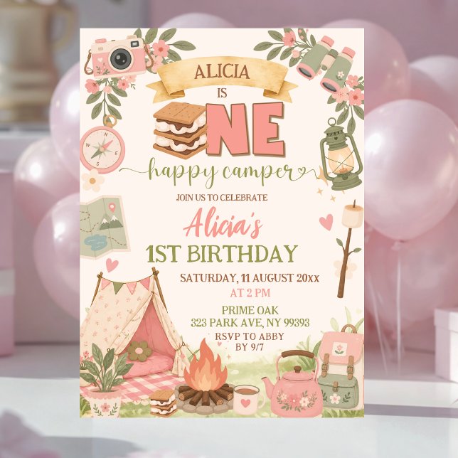 Convites Boho Rosa Um Feliz Acampador Primeiro Aniversário (Criador carregado)