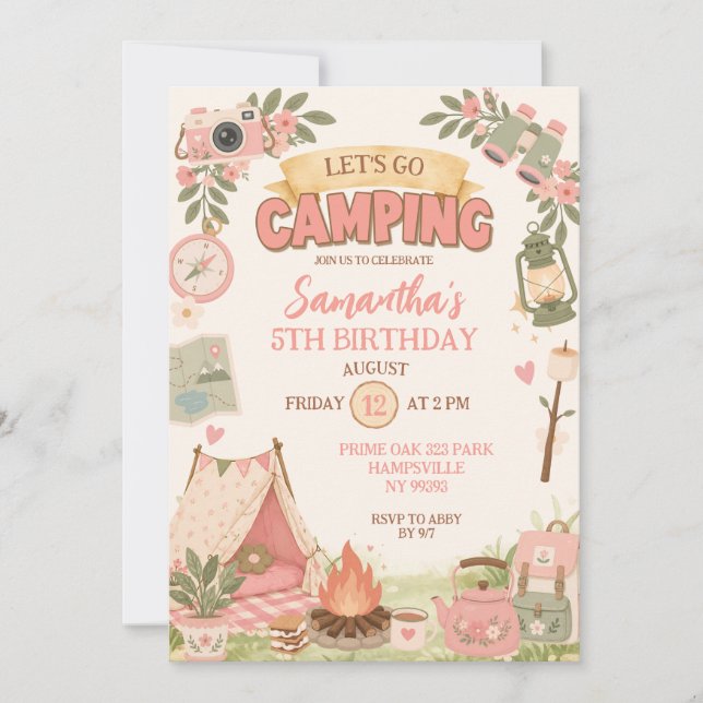 Convites Boho Rosa Vamos Aniversário Acampamento (Frente)