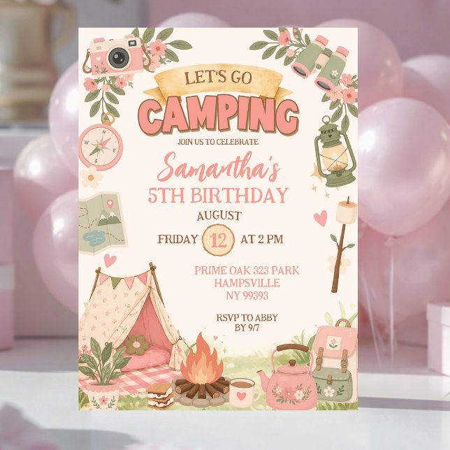 Convites Boho Rosa Vamos Aniversário Acampamento (Criador carregado)