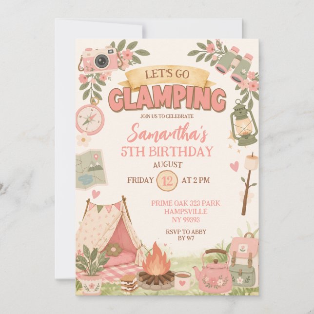 Convites Boho Rosa Vamos Aniversário de Glamping (Frente)