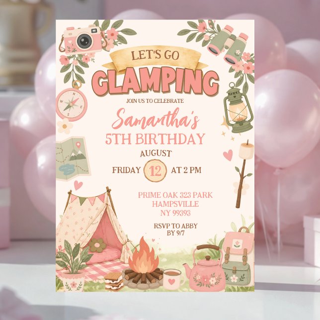 Convites Boho Rosa Vamos Aniversário de Glamping (Criador carregado)