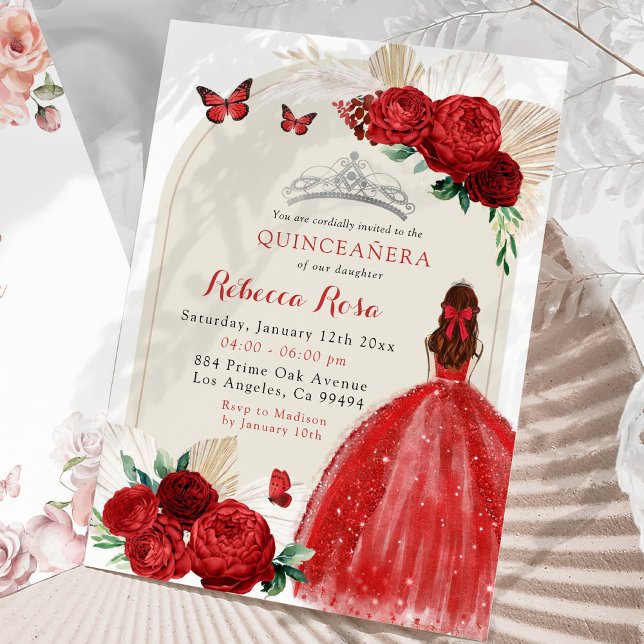 Convites Boho Rosa vermelha Princess Royal Quinceañera (Criador carregado)