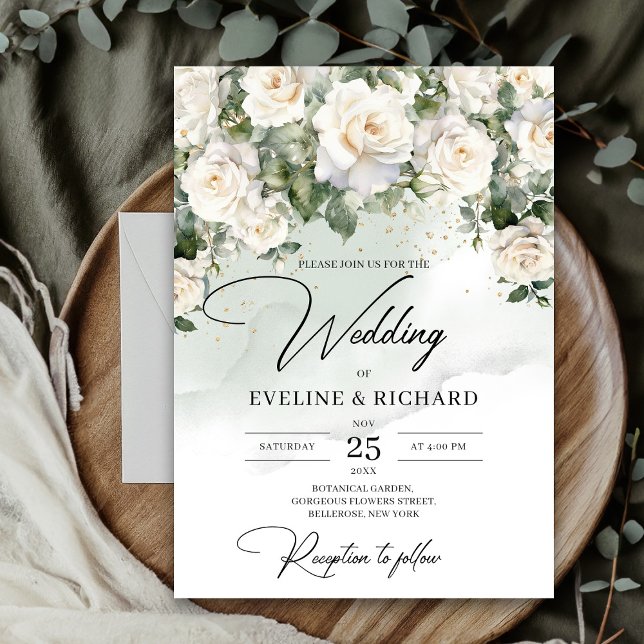 Convites Boho rosas brancas eucalipto verde e ouro (Unique Elegant White Roses Floral Garden greenery wedding invitation digital)