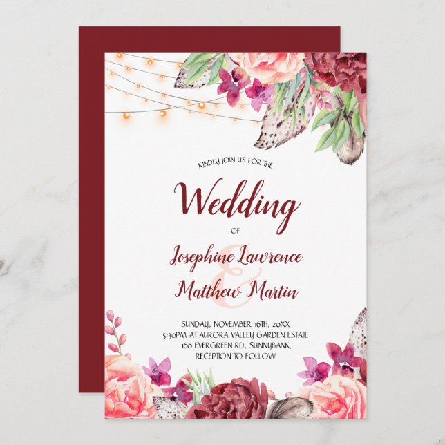 Convites Boho Rosas Luzes de Penas Casamento (Frente/Verso)