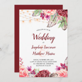 Convites Boho Rosas Luzes de Penas Casamento