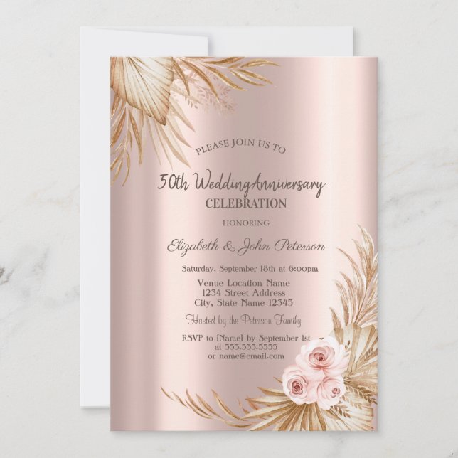 Convites Boho Rosas Pampas Dourado Rosa Casamento Aniversár (Frente)