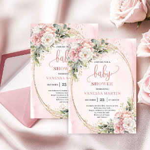 Convites Boho Rose Gold Floral Eucalipto Menina Chã de Bebê
