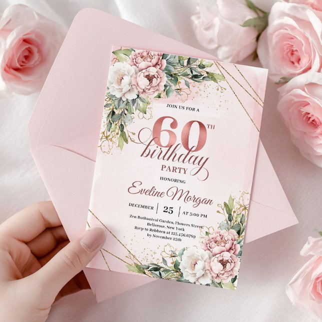 Convites Boho Rose Gold Shimmering Blush Pink 60th Birthday (Rose Gold Shimmering Blush Pink 60th Birthday Invite)