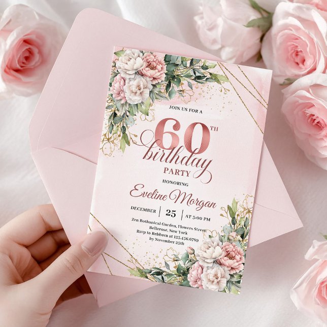 Convites Boho Rose Gold Watercolor Floral 60th Birthday  (Boho Rose Gold Watercolor Floral 60th Birthday Invite)