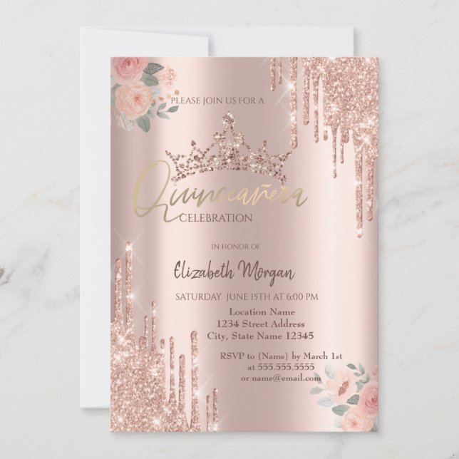 Convites Boho Roses  Coroa de Brilho Caindo Quinceañera  (Frente)