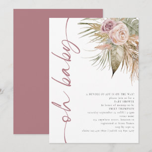 Convites Boho Rotacionado Script Pampas Cor-de-Rosa Oh Chá